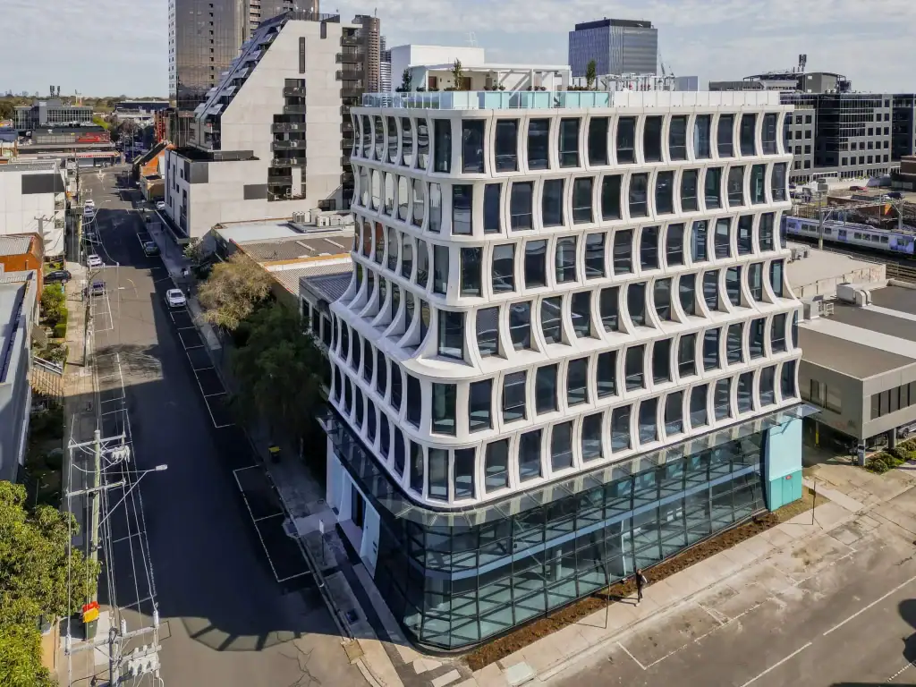 Aerial view of the Box Hill building, Ellingworth Parade